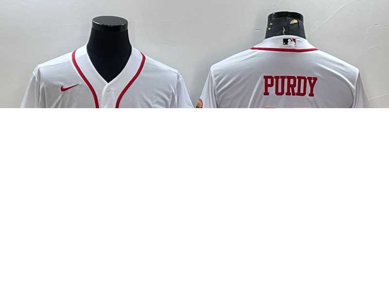 Mens San Francisco 49ers #13 Brock Purdy White With Patch Cool Base Stitched Baseball Jersey